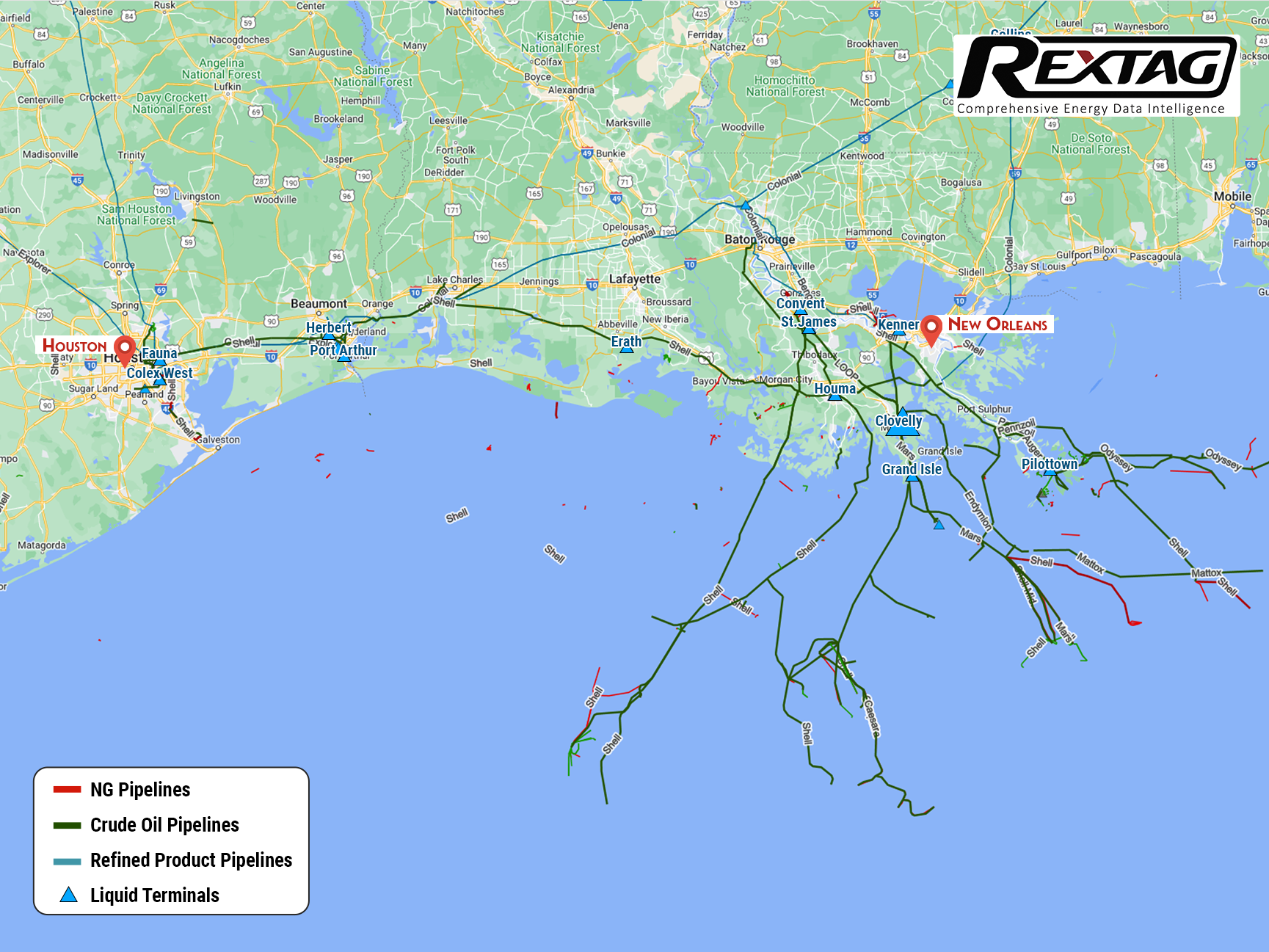 Shell Platform Map Shell's Midstream Assets in TX and LA (Gulf area) – Rextag Corporation