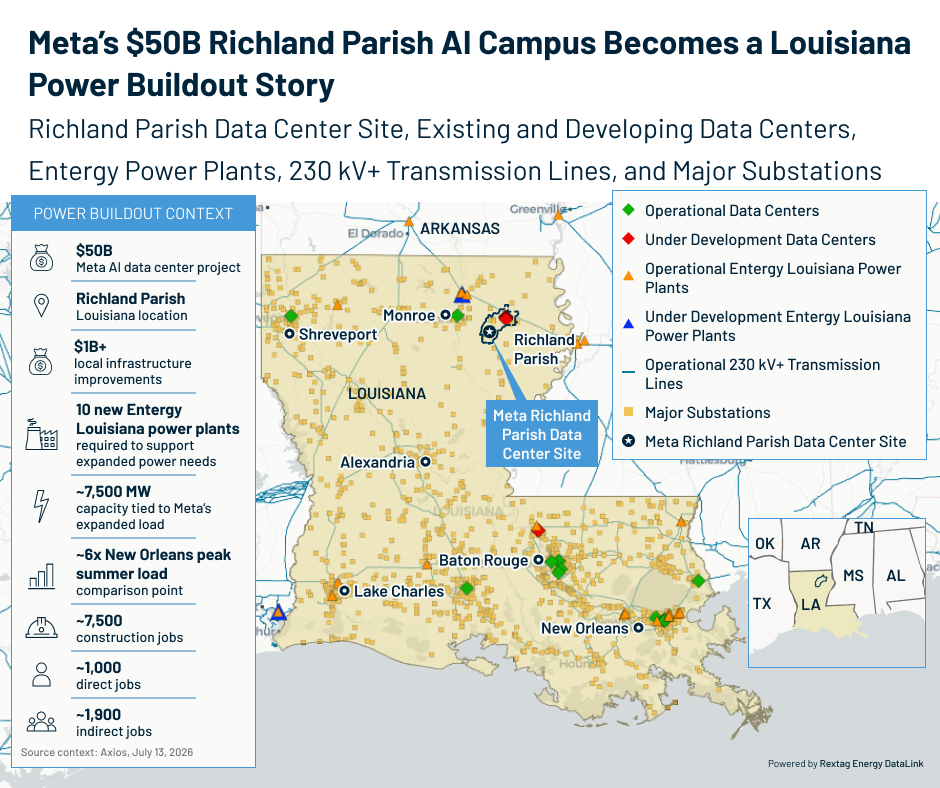 Meta’s $50B Richland Parish AI Campus, Louisiana Power Buildout Mapped