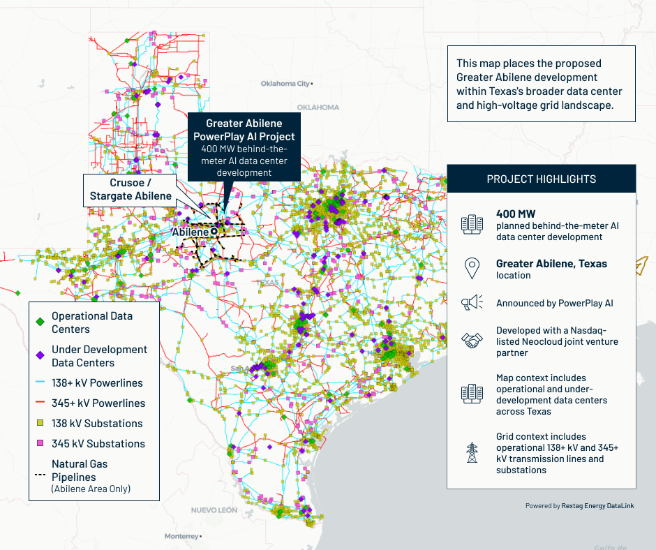 Rextag map of PowerPlay AI’s proposed Abilene project with regional data centers, powerlines, substations, and gas pipelines.