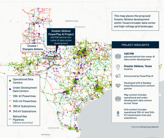 Rextag map of PowerPlay AI’s proposed Abilene project with regional data centers, powerlines, substations, and gas pipelines.