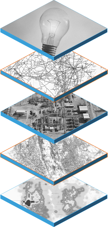 A stacked, layered graphic showing five tilted rectangular panels with blue edges. The top panel contains a clear light bulb, while the lower panels show grayscale abstract line patterns and textured maps, arranged vertically on a white background.